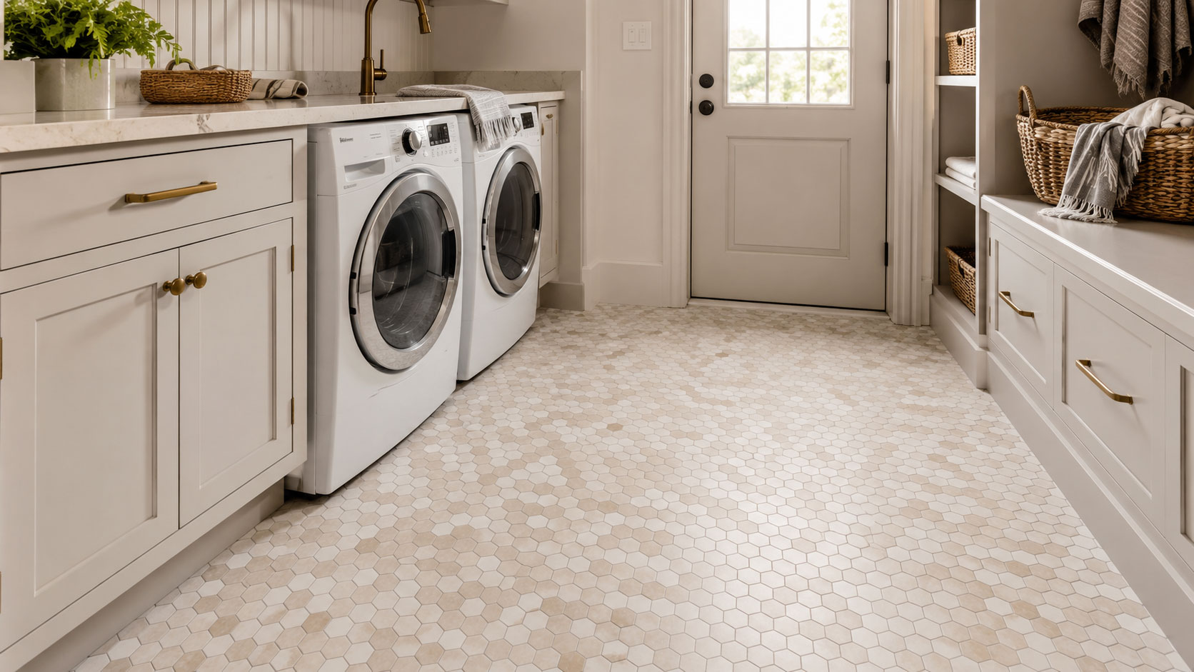 Laundry room with front-loading washer and dryer, white cabinetry, and hexagonal floor tiles.