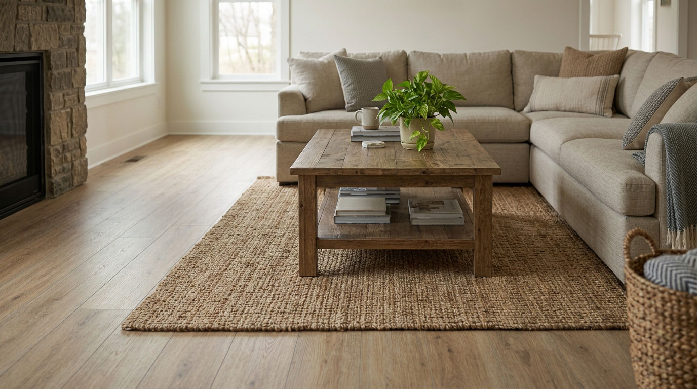 Living room with beige sectional, wooden coffee table, woven rug, and wood-look flooring.