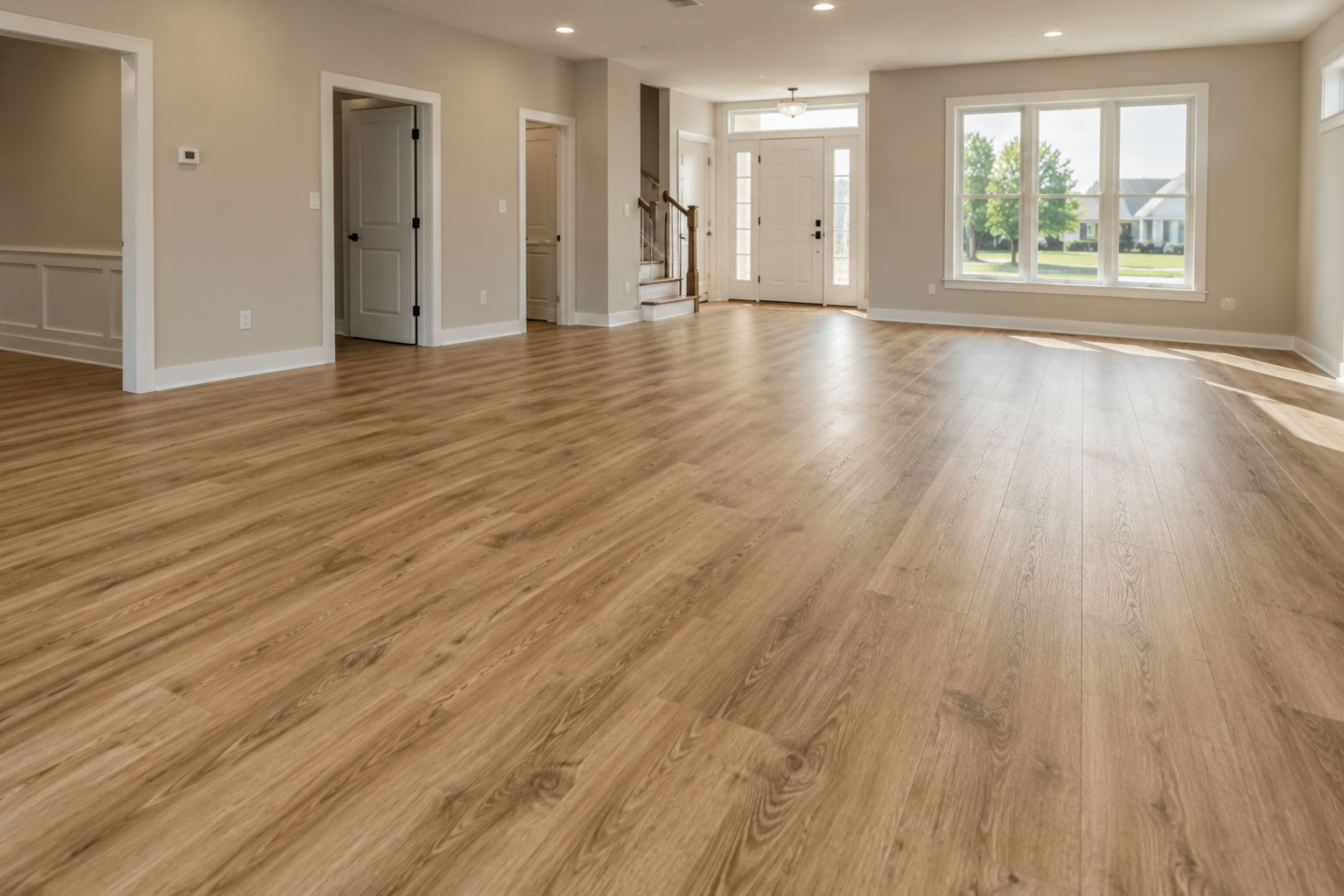 Empty sunlit living area with wood-look plank flooring, large windows, and a white entry door.