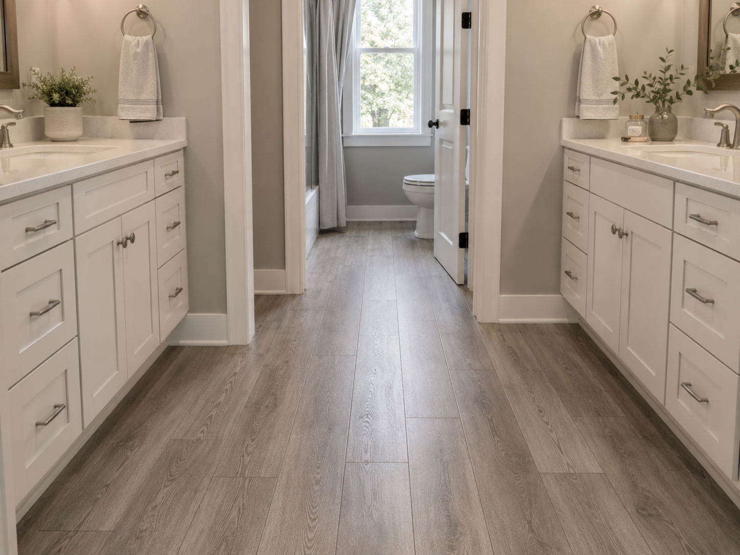 Bathroom with two white vanities, wood-look flooring, and an adjoining toilet and tub area.
