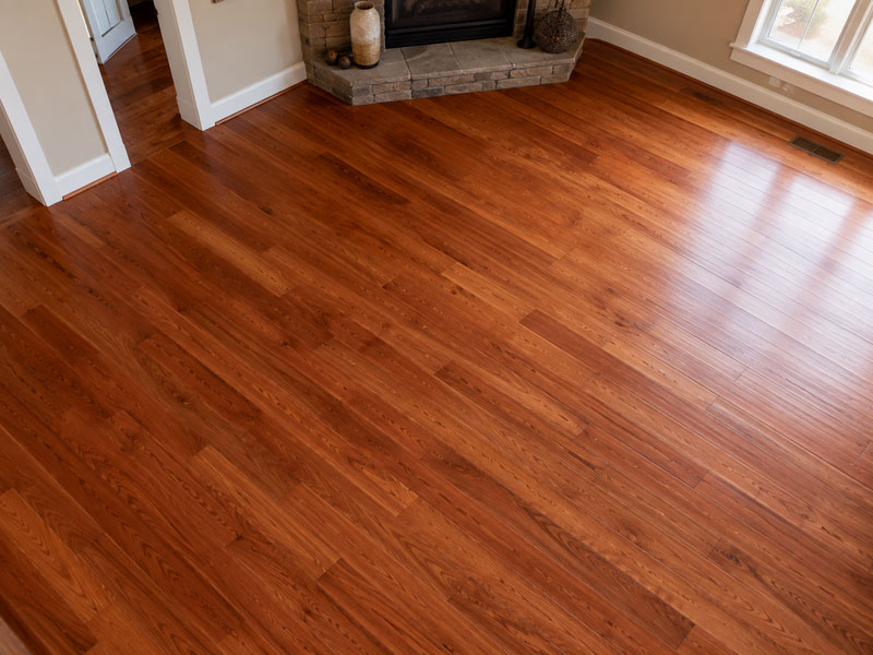 Room with glossy reddish wood flooring and a stone fireplace hearth.