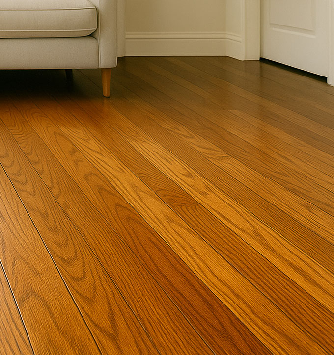 Golden wood flooring beside a cream sofa and white door.