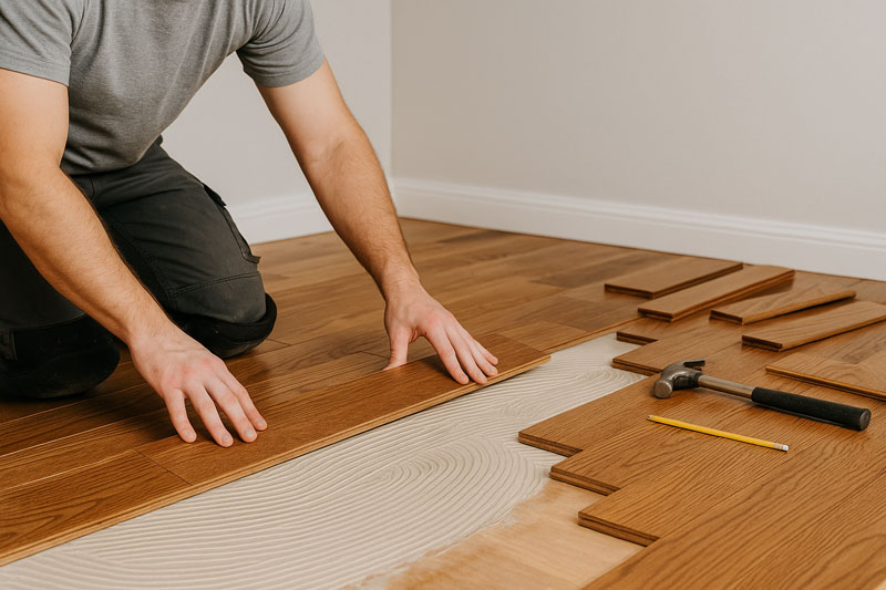 Person installing wooden floorboards beside a hammer and pencil.
