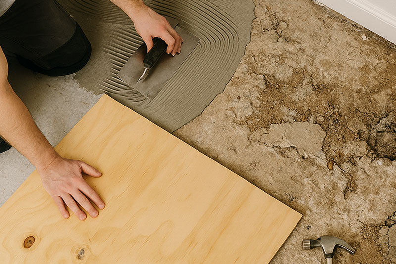 A worker spreads adhesive onto a concrete floor using a notched trowel.