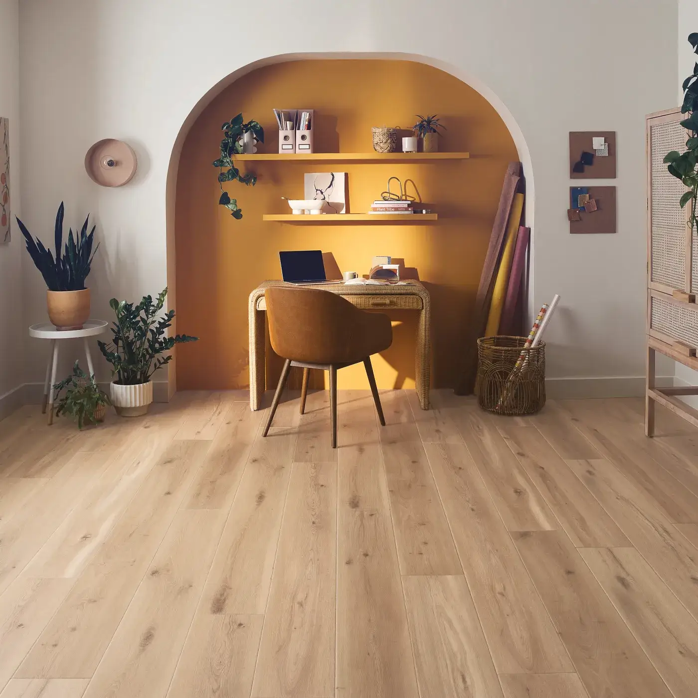 Home office with yellow nook, and luxury vinyl flooring