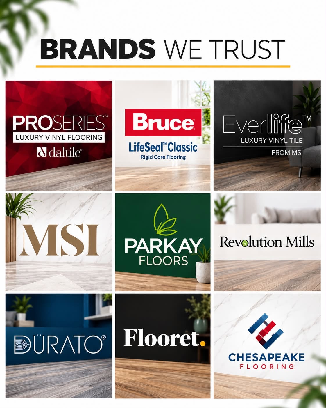 A grid of trusted flooring brand logos featured in various room settings.