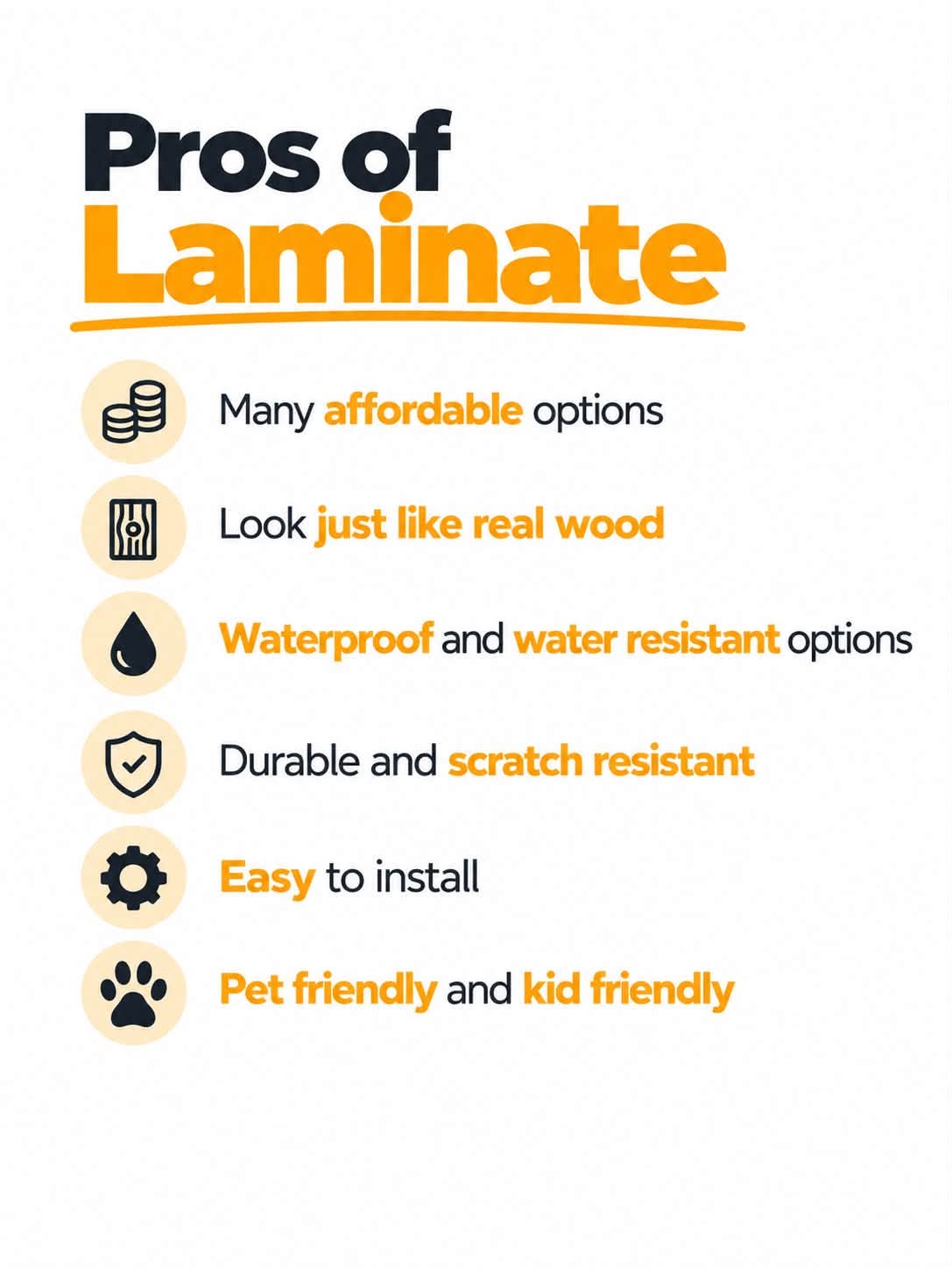 An infographic lists the benefits of laminate flooring, including durability, affordability, and easy installation.